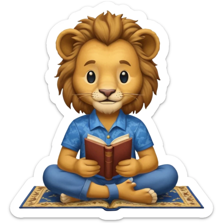 Happy lion reading Abraham Lincoln on a carpet with blue and yellow shirt on sticker