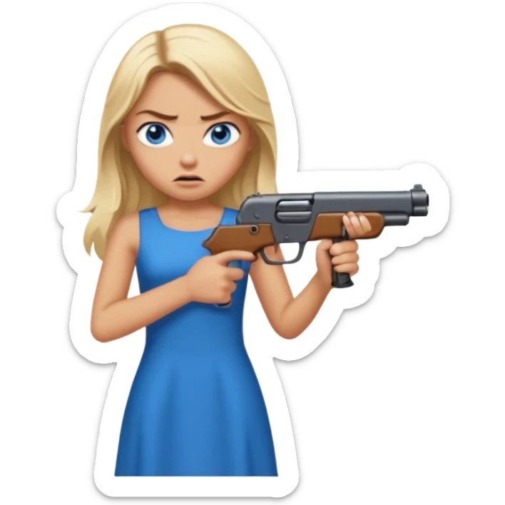 Sexy Beautiful  blue eye blonde Long Hair Gangsta girl in a hot Dress Looks angry  with a big gun sticker