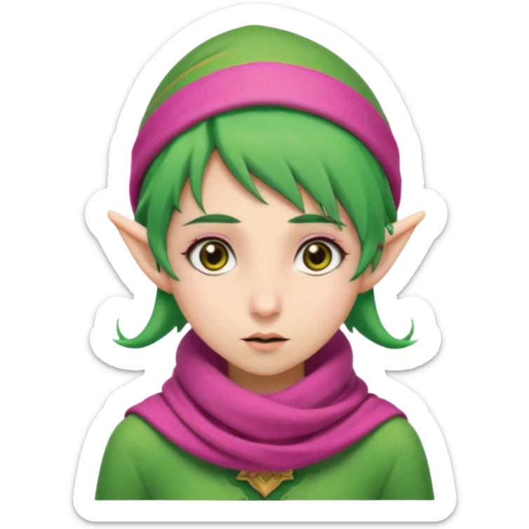 An elf girl with green hair, brown eyes, and a pink scarf who appears to be extremely stressed. sticker