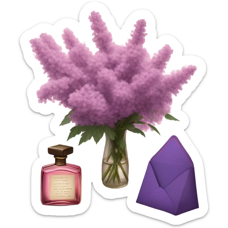 Aesthetic still life of soft pink mimosa flowers, a vintage-style purple perfume bottle, a love note, and a deep purple envelope.
 sticker