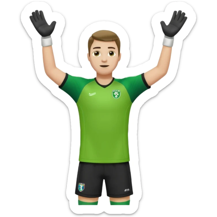 goalkeeper, standing, wearing a green shirt, shorts, socks and football boots, with arms raised sticker