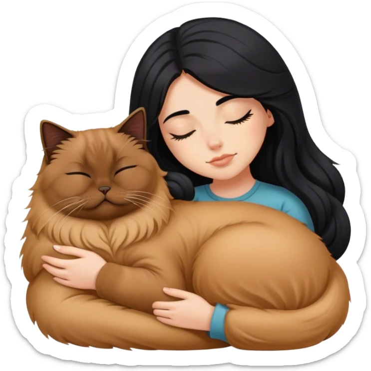 A pretty white girl with long black hair and sleeping curled up to a brown Persian cat  sticker
