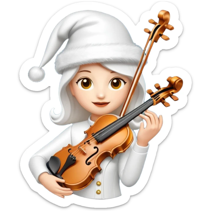 A sleek, elegant, pure white animated violin emoji wearing a festive New Year hat on top, sparkling details, soft glow, premium cartoon style, high resolution, 3D-like shading, cheerful and cute, perfect for Telegram sticker or emoji, minimalistic background sticker