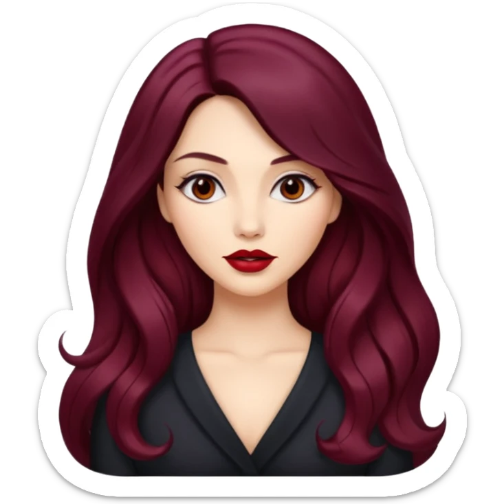 young glamorous woman 
Long waist-long hair
centre part
slightly wavy
dark burgundy hair 
 sticker