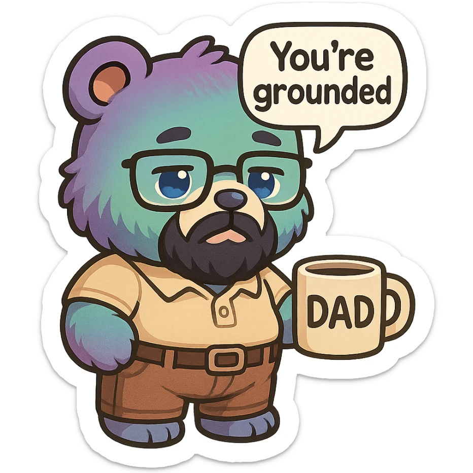 A realism art illustration art style of a plus-sizes teddy bear  with purple to green ombre streak, black beard, blue eyes, glasses, dressed like a dad, holding a coffee mug, You’re grounded speech bubble, frowning  sticker
