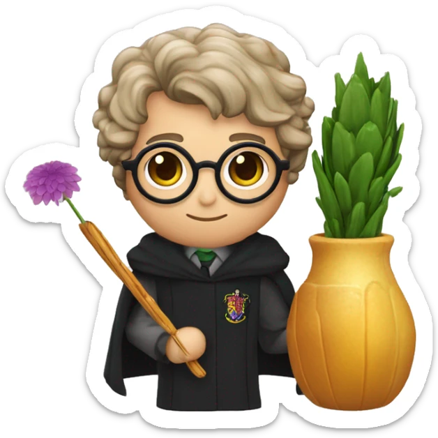 Harry potter avec les cheveux ondulés noir des lunettes ronde une cicatrice une baguette magique et un pot de fleur  sticker