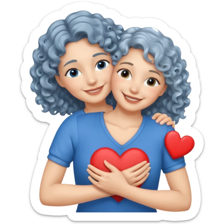 Silver, wavy/curly hair chin-length lady giving hug with 2 arms, blue v-neck and smilingm add a heart sticker
