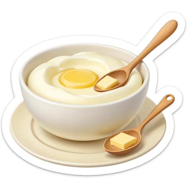 a dozen eggs, a ceramic mixing bowl with a wooden spoon and a plate of butter sticker