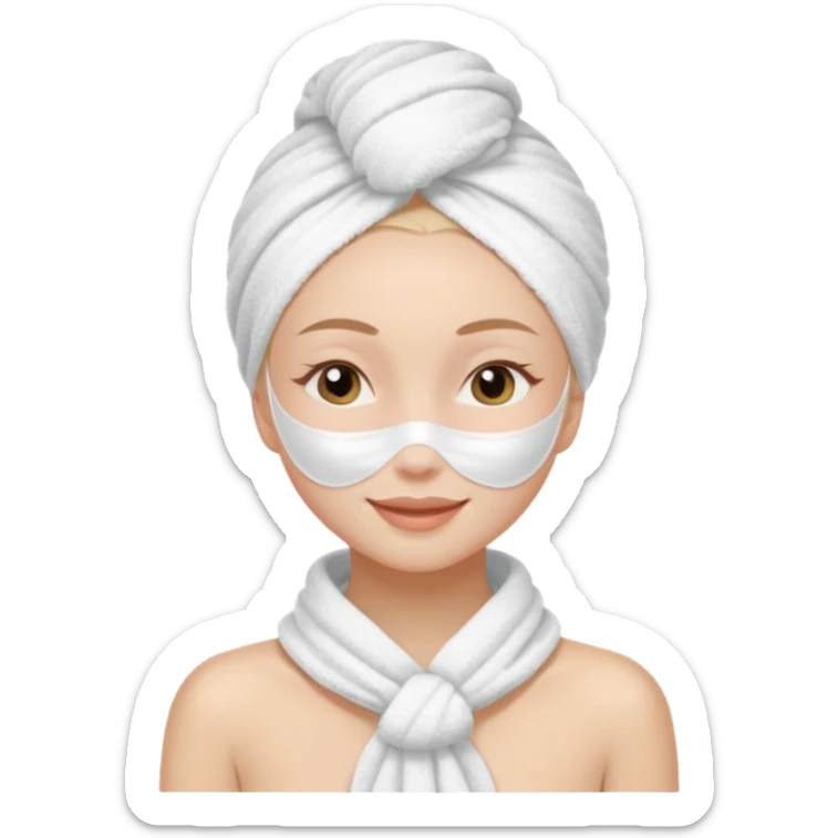 cute girl with her eyes closed and smiling, wearing a white spa towel as her clothes in she has a white spa towel on her head, white face skincare mask sticker