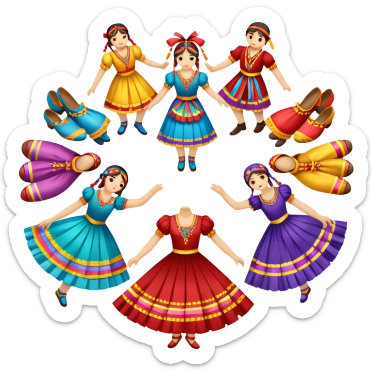 Icon for Folk Dance: close-up traditional dance dress, shoes, colorful folk costumes and a dance circle with ribbons. The icon should represent the vibrant and cultural aspects of folk dancing. Transparent background. sticker