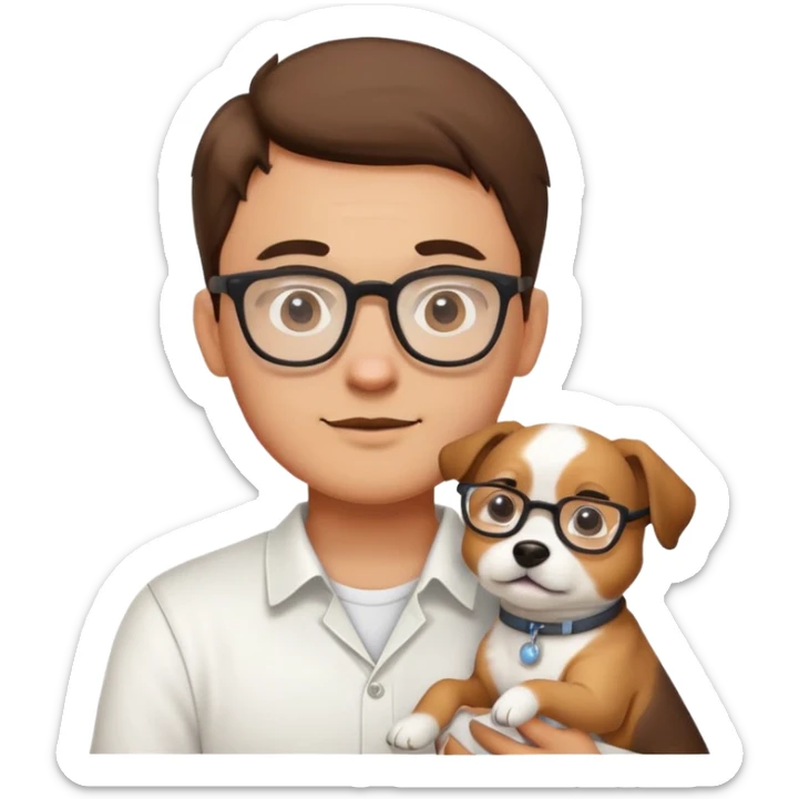 buatkan laki laki kuliahan menggunakan kacamata, menggendong anjing lucu, warna baju putih, dan latar foto putih sticker