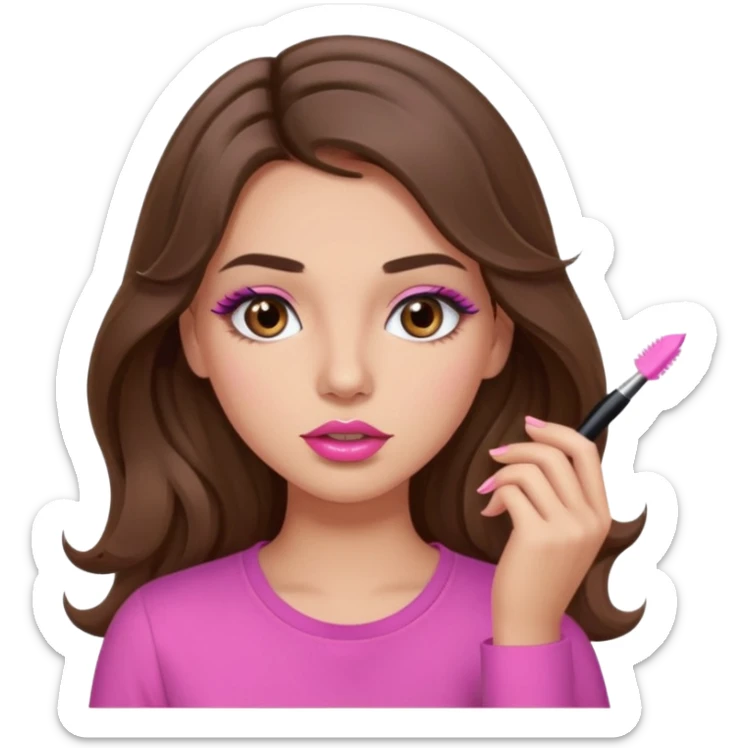 girl with long wavy brown hair, brown eyes, light to medium complexion, in a pink shirt, pink lips, long lashes, puckered lips, putting on mascara sticker