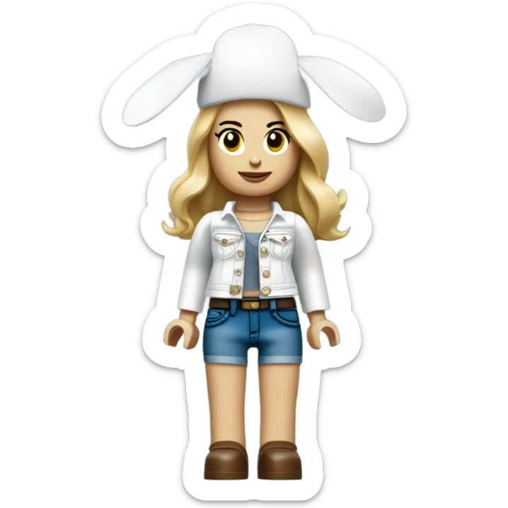 Lego toy girl whole body with white rabbit hat and beggy jeans sticker