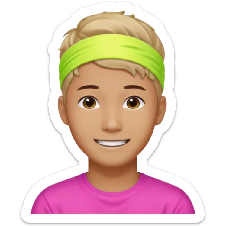 Korean 27-year-old male health coach / Wearing fluorescent colors / White face / Hairband / Smiling expression / Short hair / sticker