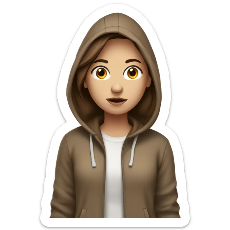 A girl with brown hair and white skin wearing a brown hoodie and looking cold sticker