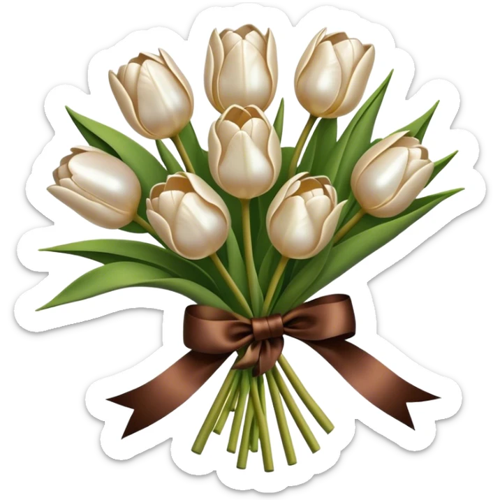 A bouquet of pearl-colored tulips tied with a brown silk bow  sticker