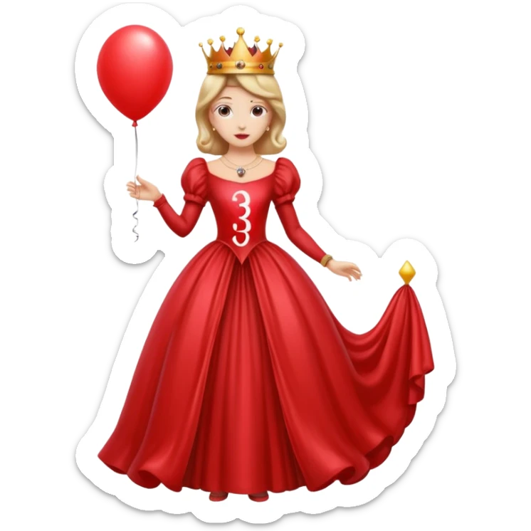 queen wearing dress, holding balloon in shape of number 3 sticker
