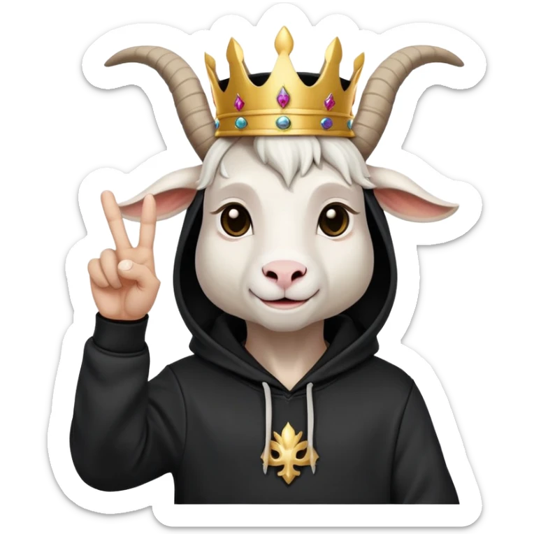 White Goat with horns and bread wearing black hoodie and a royal crown do the peace sign sticker