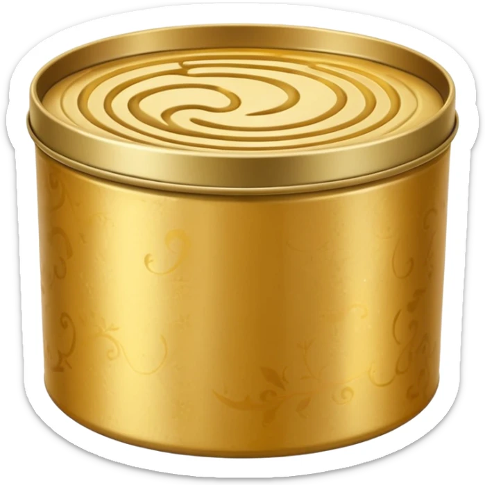 round metal tin, slightly open, with glossy golden wax inside, soft swirls on surface, no extras, soft lighting, subtle shadows, emoji scale sticker