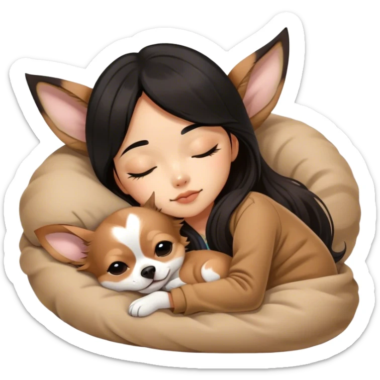 -longhair-chihuahua- with Brown Merle coat Coquette teenage cute asian black hair girl sleeping  sticker