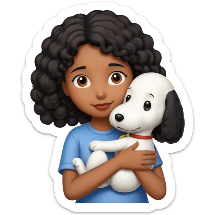 Girl with brown skin and curly black hair hugging snoopy sticker