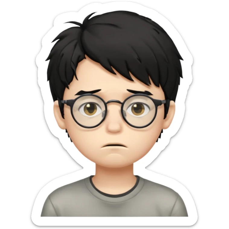 
young boy, 16 years old, messy black hair, glasses, sad face emoji sticker