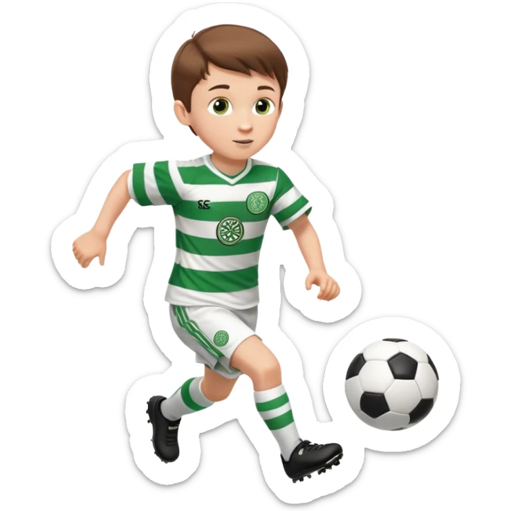 Brown hair 6 years old white boy footballer RUNNING playing soccer wearing CELTIC  UNIFORM  has white stripes  # 17 in the jersey the celtic football club logo NO CHEST LOGO in middle NO  sticker