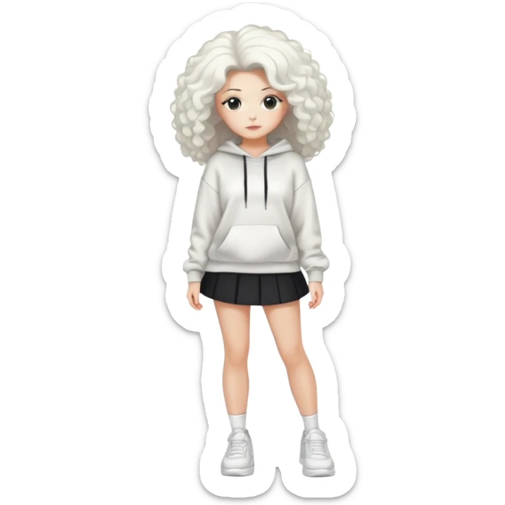 Female with slim hourglass figure, white big hair, wearing white sweatshirt, black skirt, and white shoes, full body pose sticker