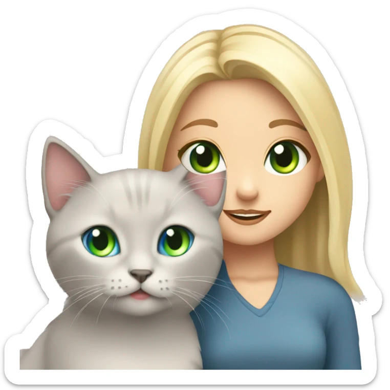 blue eyes grey kitten and green eyes blonde girl are friends sticker