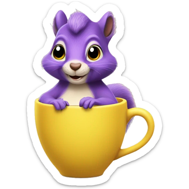 purple animated squirrel in a yellow dress with a large mug of coffee in its paws sticker