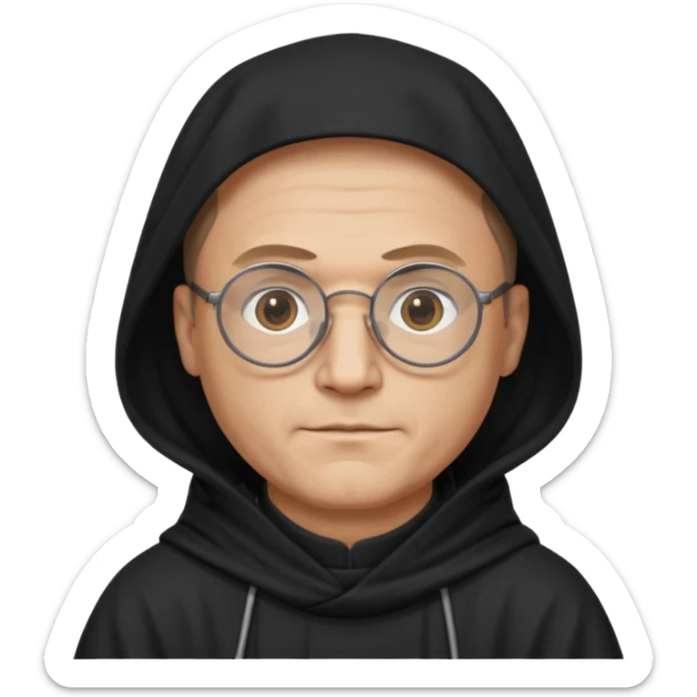 Monk priest prayer black habit with hood round black glasses done light brown wavy hair under hood remove the medallion smaller more round glassed age 46 remove necklace thinner or more oval face  sticker