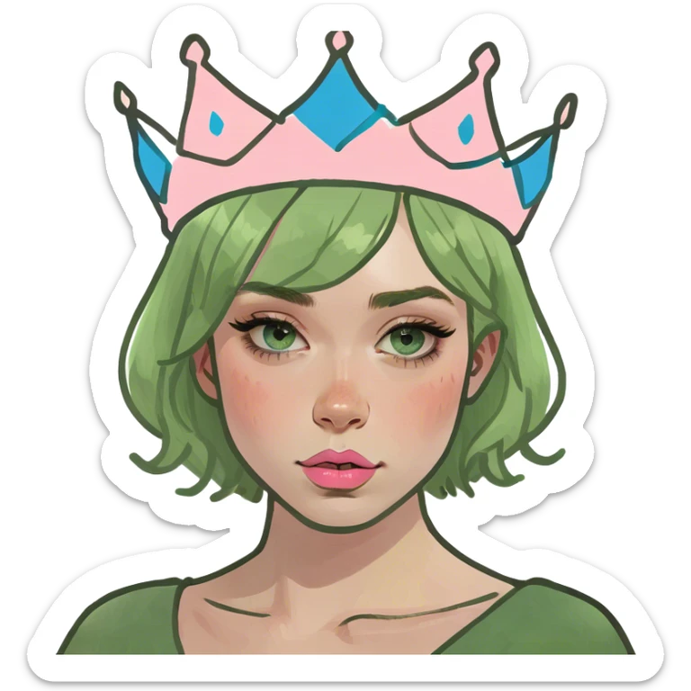 A girl with blue eyes a pinkish lips and blush with short blonde hair wearing a crown  sticker