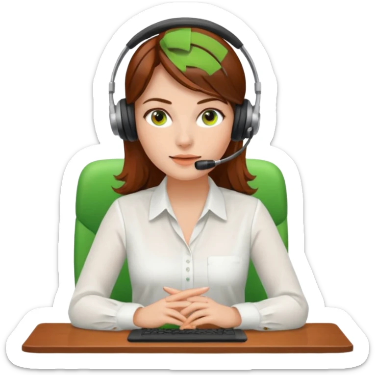 a woman, brown hair, middle european, sitting in the office, wearing a blouse and a headset. she is controling the limits on screen. green = ok, orange = am Limit, rot = überschritten sticker