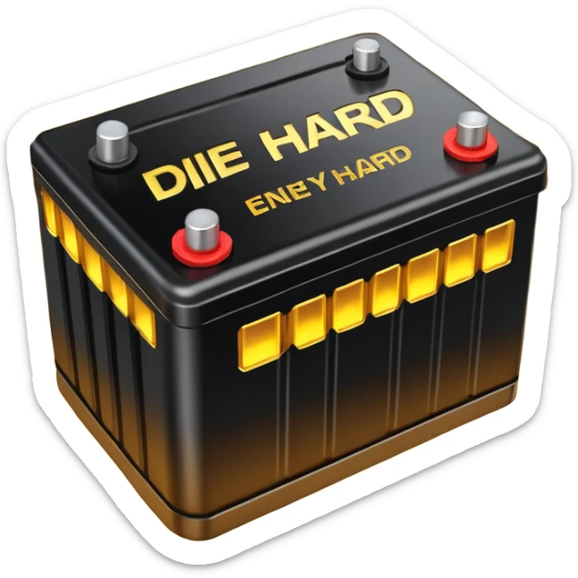 black car battery labeled 'Die Hard' with golden energy waves surrounding it, highlighting its strength sticker