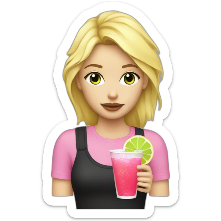 blonde girl straw drinking pink lemonade with one green lemon in the cup, with black watch black t shirt sticker