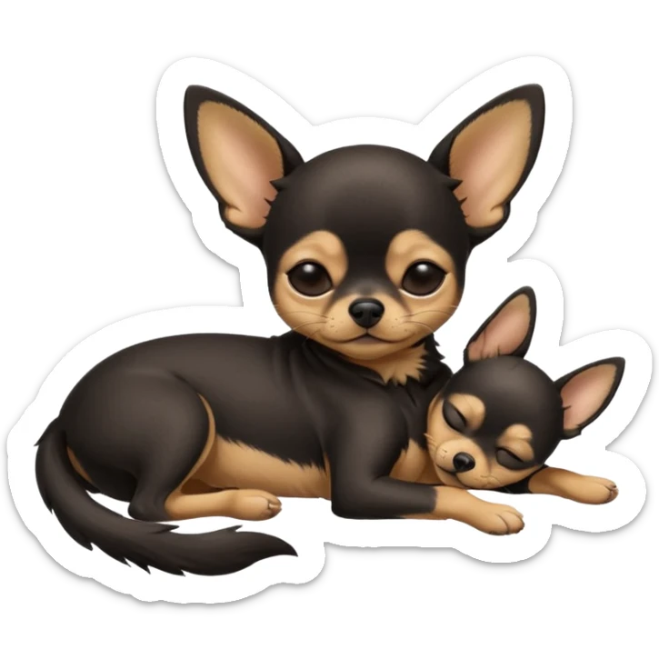 A high-resolution photo-realistic digital illustration of a cute black and tan chihuahua with eyes closed shut sleeping lazily on the ground sticker