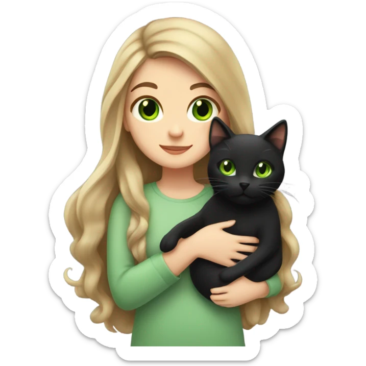Girl with long brown hair and green eyes holding a black cat sticker