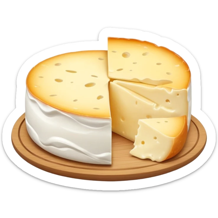 cinematic-realistic-brie-cheese-emoji,-featuring-a-creamy gooey center,-soft-ripened-cheese-with-a-delicate white rind-rendered-with-lifelike-detail-and-inviting,-natural-lightingwith a slice showing the gooey center sticker