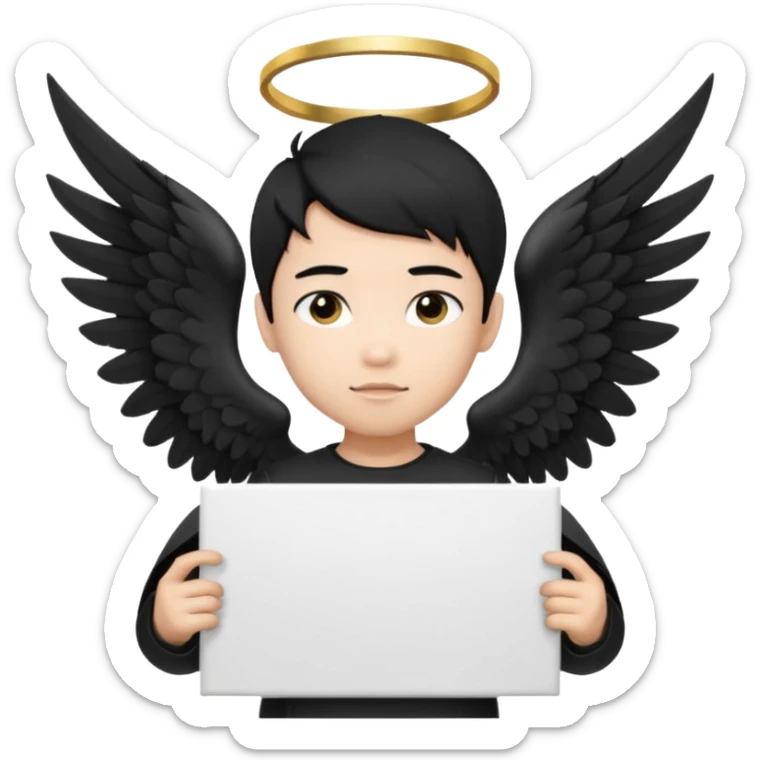 Asian Boy Angel with black hair black halo and black wings holding a large blank sign sticker