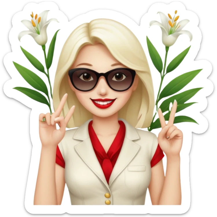 Professional sexy woman smiling holding lilies posing in shades  and flashing peace sign fingers sticker