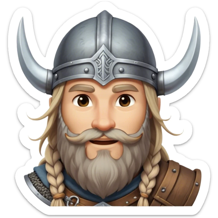 Clash of Clans aesthetic: Beautiful and Majestic Viking Portrait Emoji, Rendered in serene confidence with a gentle, enigmatic smile and a refined, weathered Viking helmet, showcasing a noble, sturdy build with long braided hair and a dignified beard, his face in natural skin tone, Simplified yet exquisitely endearing features, highly detailed, glowing with a soft, majestic Nordic light, high shine, calm and heroic, stylized with an air of timeless Norse elegance, soft glowing outline, capturing the essence of a majestic Viking whose noble spirit inspires epic quests! sticker