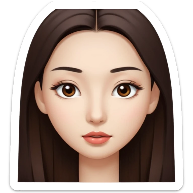 Una chica con piel muy clarita con pelo liso largo de color castaño y unos ojos marrones oscuro y labios grandes y nariz bonita y con unas pestañas que parezca asiatica que tenga las cejas un poquito mas juntas sticker