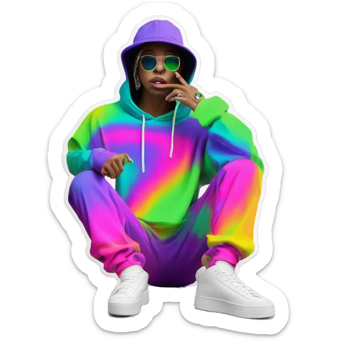 Multicoloured neon person smoking wearing hoodie dancing hip hop bucket hat tropical Skater fashion aesthetic baggy clothes graphic t shirt 420 sticker
