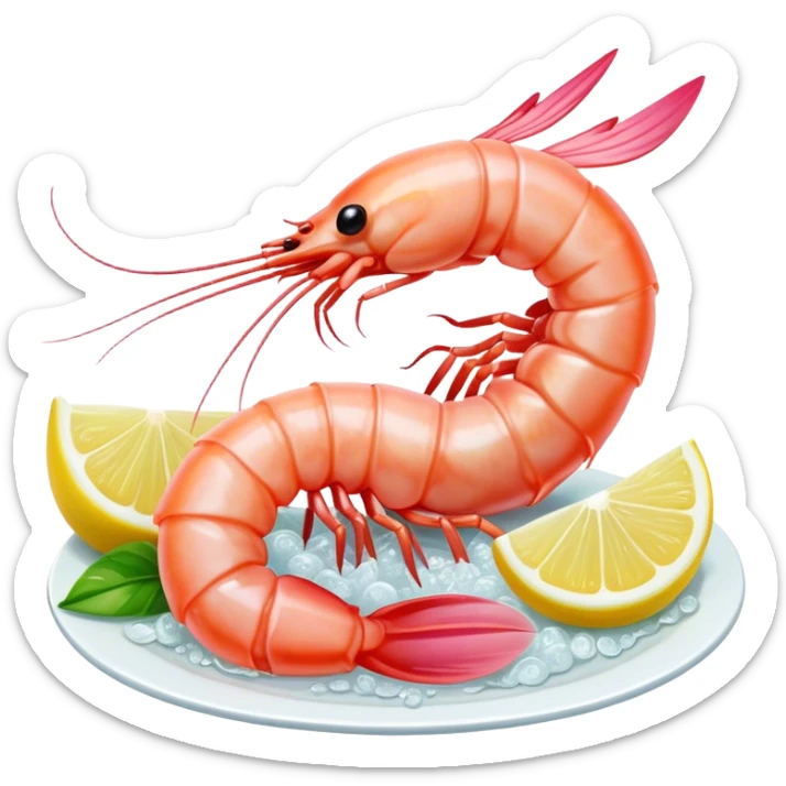 Cinematic glistening shrimp, pink and juicy, slightly curled with a light char, served with lemon wedges, ultra-detailed and fresh, warm glowing background. sticker