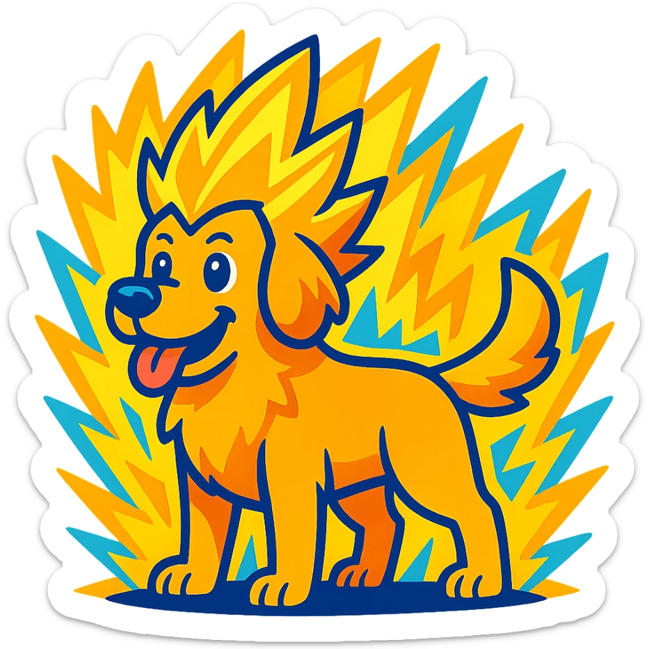 cartoon golden retriever with spiky glowing hair and a super saiyan energy aura, vibrant colors sticker