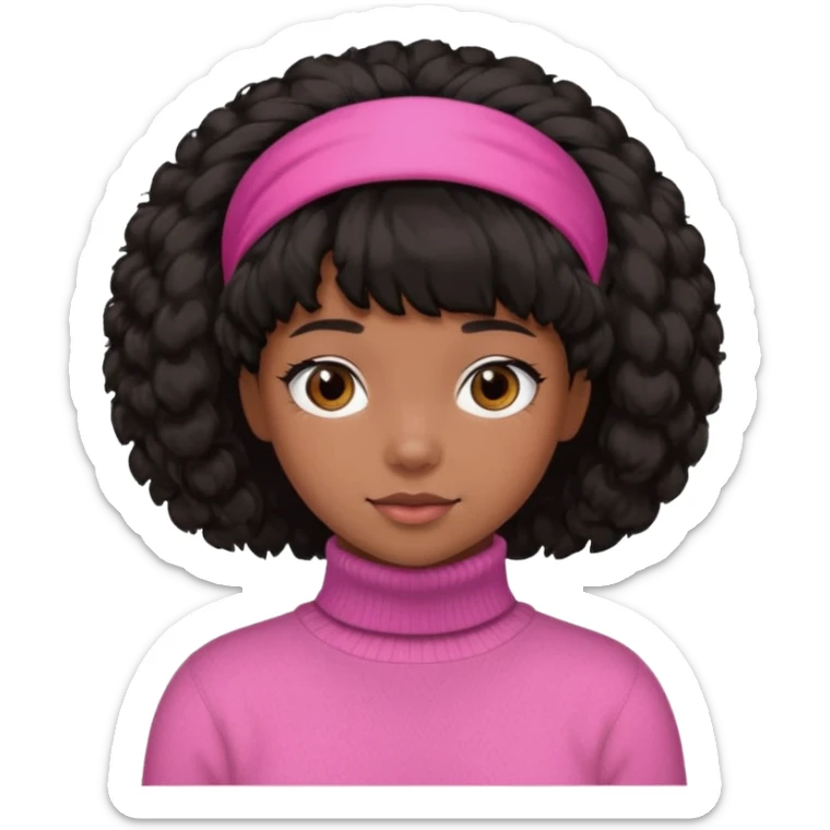 black fluffy haired girl with pink turtleneck sweater and hair band sticker