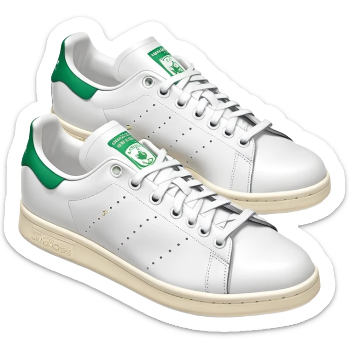 A pair of white Adidas Stan Smith sneakers arranged with one shoe behind the other, white leather with green heel tabs, classic design, both shoes visible sticker