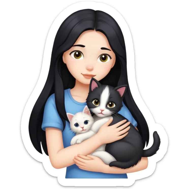 A girl with long black hair tightly hugged a kitten sticker