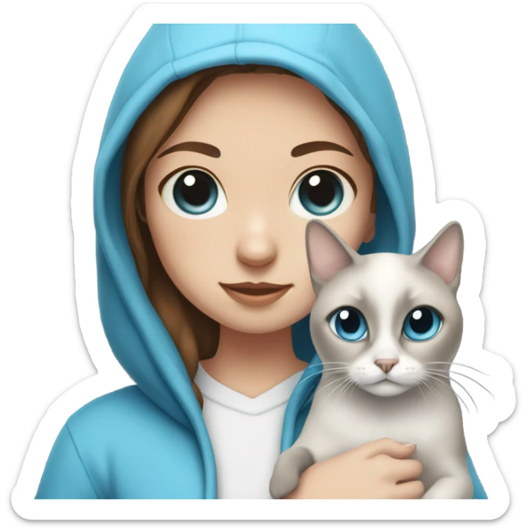girl with brown hair and freckles, wearing a hoodie, holding a Siamese cat that is white and gray and the cat has blue eyes  sticker