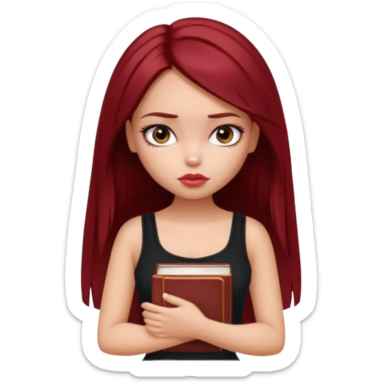 a pretty bratz fair girl with dark red straight hair, black cami top, looking sad holding books sticker